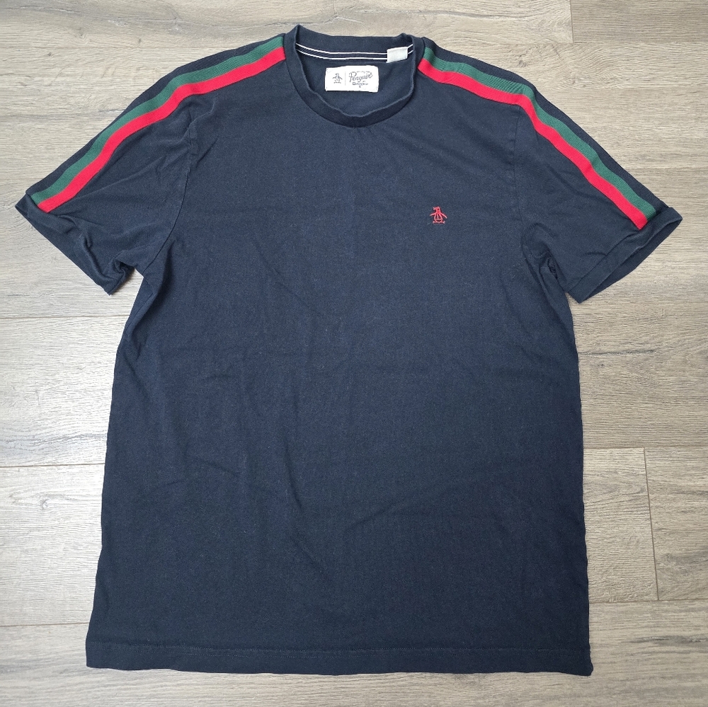 Penguin Short Sleeve Tee Men's Size Large Navy Green Red Stripes Preppy